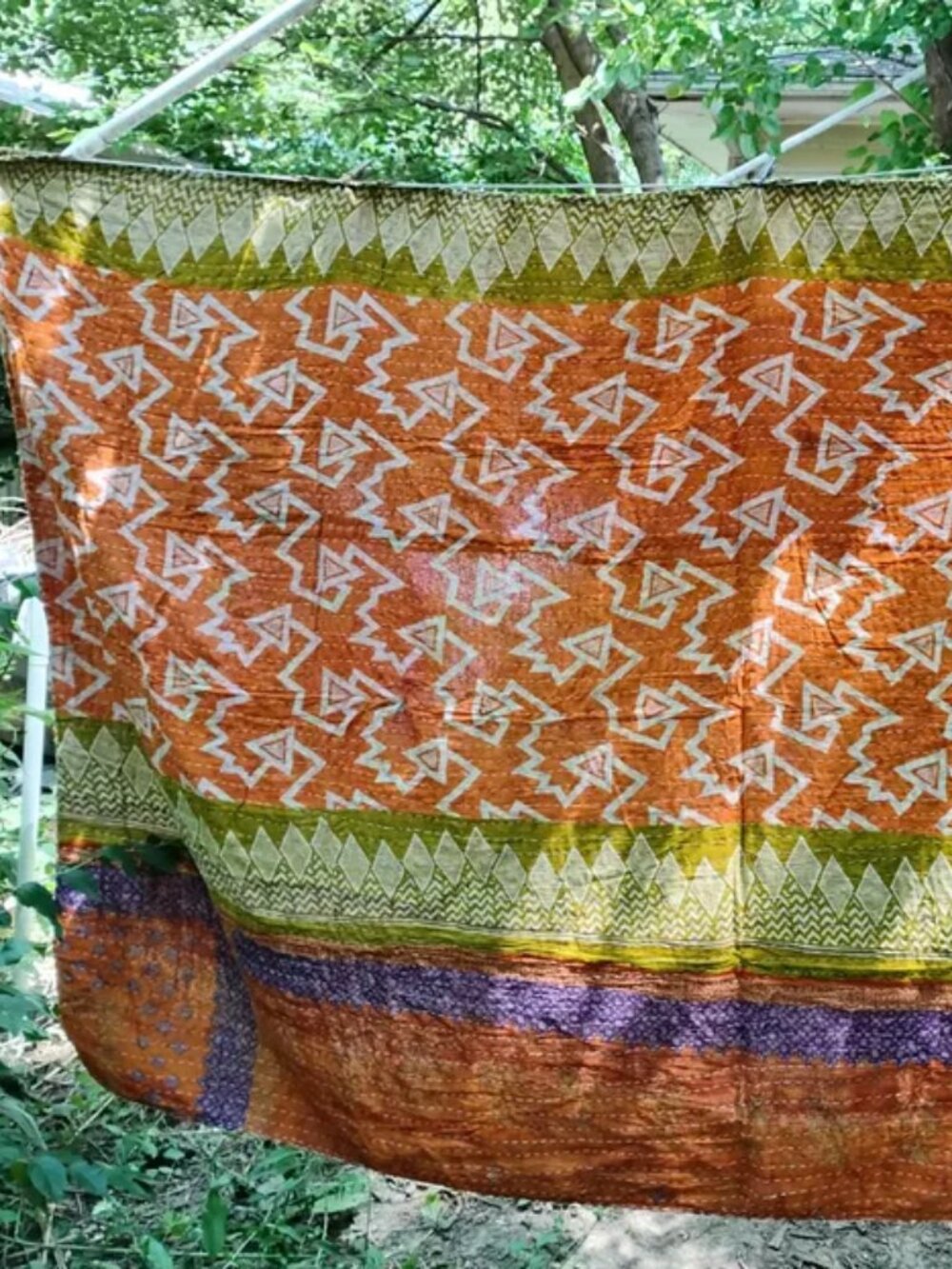 Kantha Quilt Tangerine Green Purple Premium 3 Layers Handmade New Boho K191.